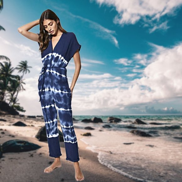Young Fabulous & Broke Truman Tie Dye Silk Jumpsuit Short Sleeves Overalls Med - Picture 1 of 11